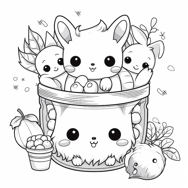 Photo a black and white drawing of a cat in a bucket with other cats generative ai