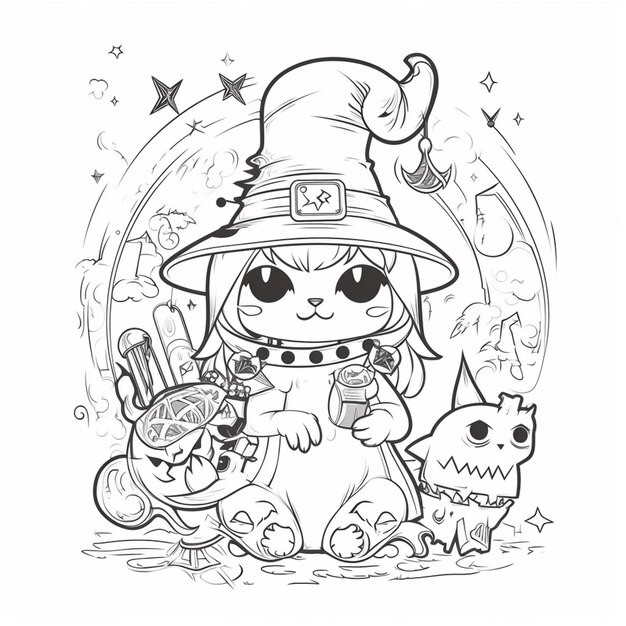 Photo a black and white drawing of a cat dressed as a witch ai generative