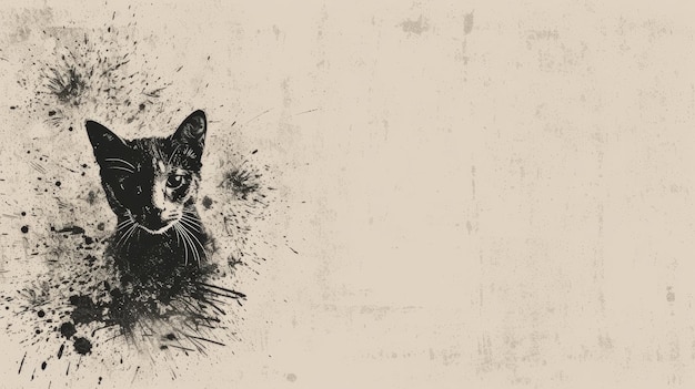 A black and white drawing of a cat on a grungy background