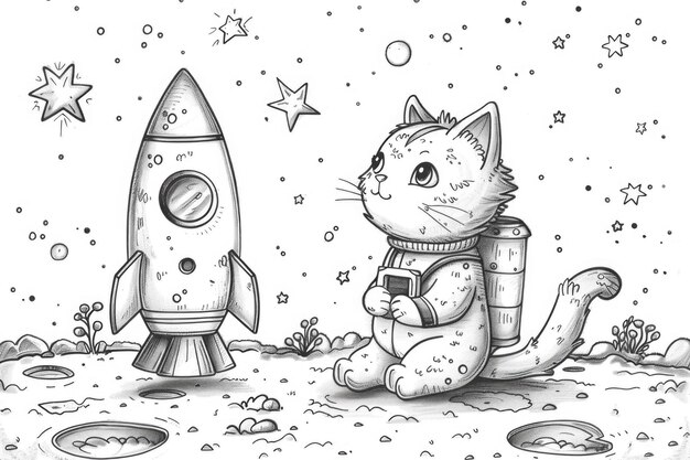 Photo a black and white drawing of a cat and a rocket coloring book for kids