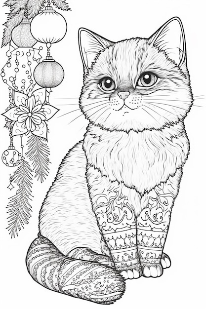 черно-белый рисунок кошки, сидящей рядом с рождественской елкой