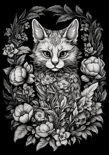 Черно-белый рисунок кошки в окружении цветов, генеративный AI