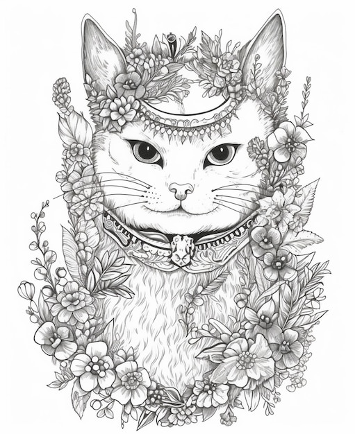 A black and white drawing of a cat wearing a hat and flowers.