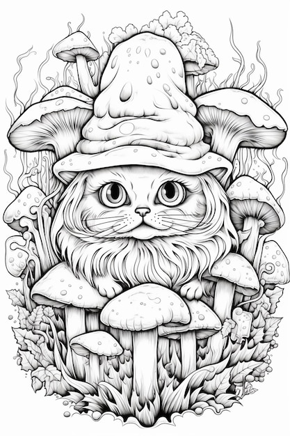 a black and white drawing of a cat wearing a hat and mushrooms generative ai