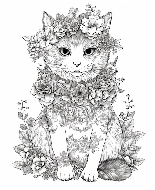 A black and white drawing of a cat wearing a wreath of flowers.