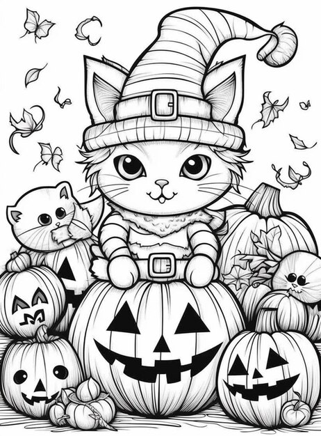 a black and white drawing of a cat in a witch hat surrounded by pumpkins generativ ai