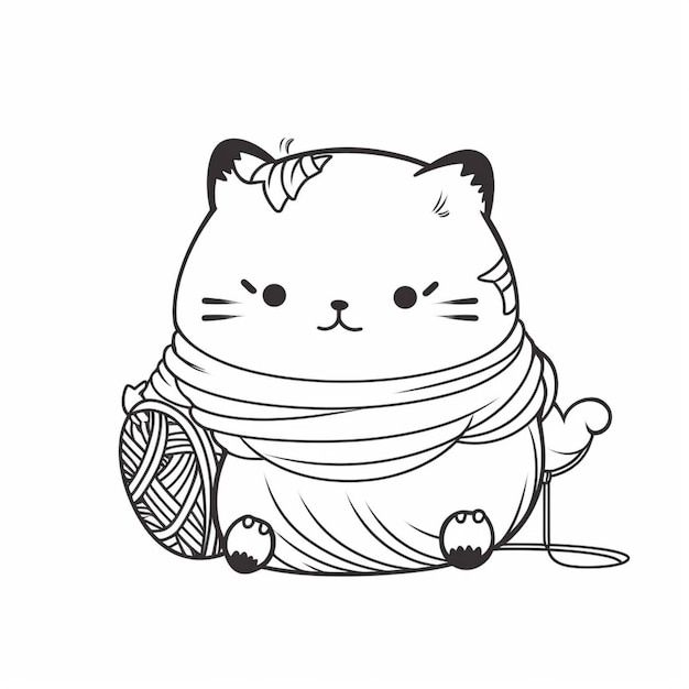 A black and white drawing of a cat with a ball of yarn generative ai