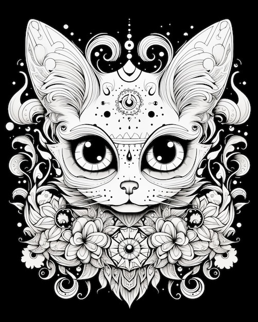 a black and white drawing of a cat with a floral design generative ai