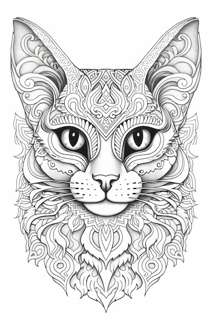 Photo a black and white drawing of a cat with a floral pattern on its face generative ai