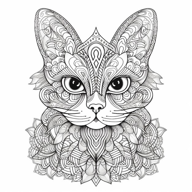 a black and white drawing of a cat with a floral pattern on its face generative ai