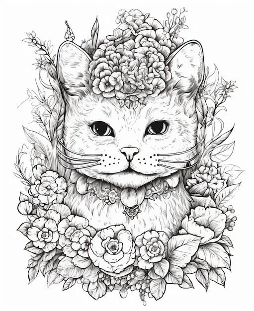 A black and white drawing of a cat with a flower crown on its head.