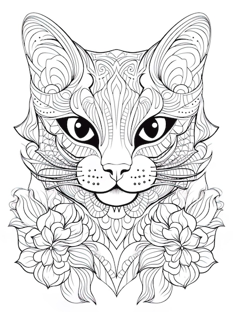 Photo a black and white drawing of a cat with flowers and a cat on it