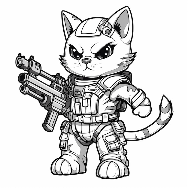 a black and white drawing of a cat with a gun generative ai