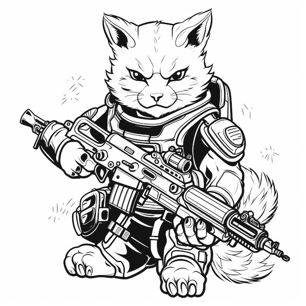 a black and white drawing of a cat with a gun generative ai