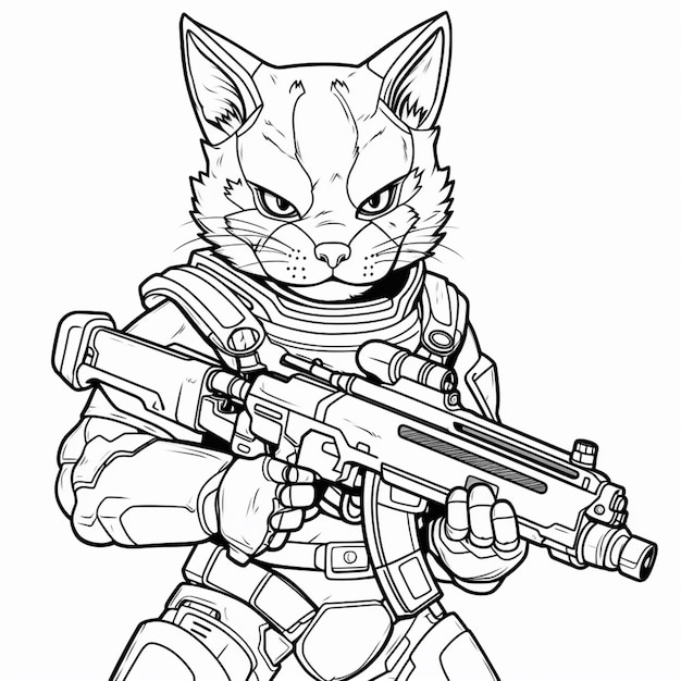 a black and white drawing of a cat with a gun generative ai