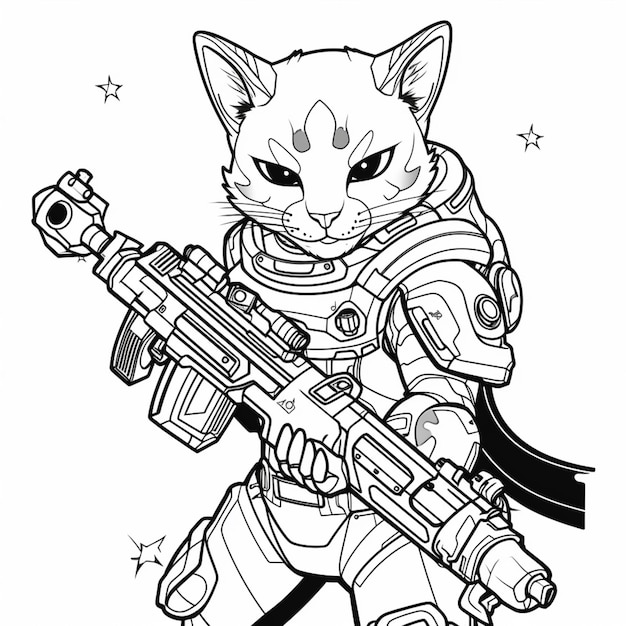 a black and white drawing of a cat with a gun generative ai
