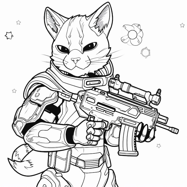 a black and white drawing of a cat with a gun generative ai