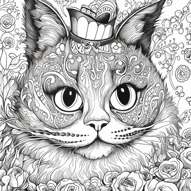 черно-белый рисунок кошки с шляпой на генеративном аи