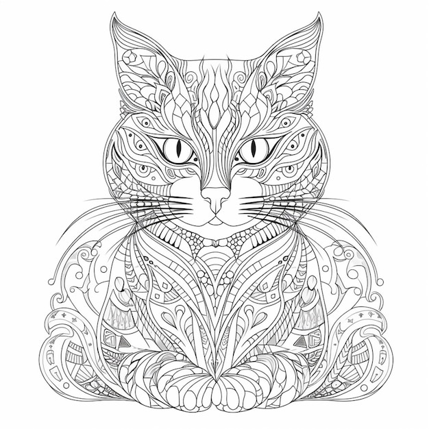 Photo a black and white drawing of a cat with intricate patterns generative ai