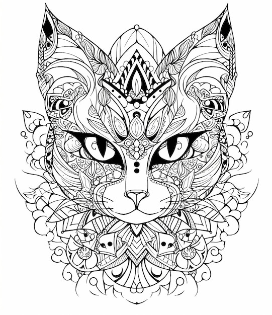 A black and white drawing of a cat with intricate patterns generative ai