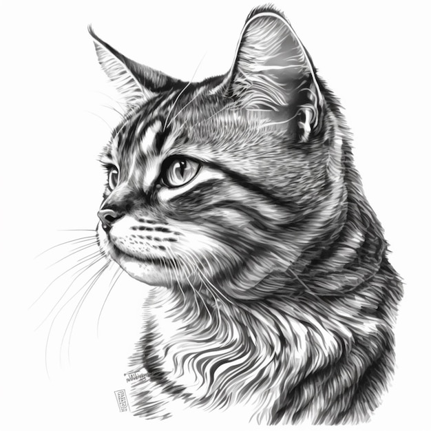 A black and white drawing of a cat with a long tail and a long tail.