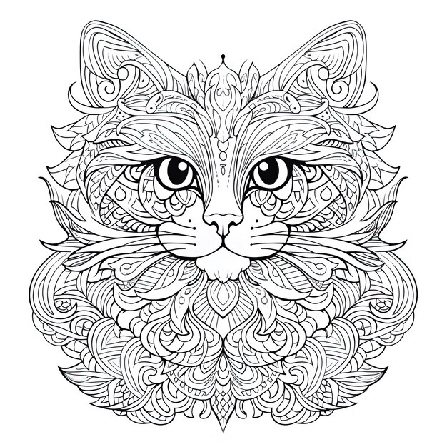 a black and white drawing of a cat with a pattern of a cat head