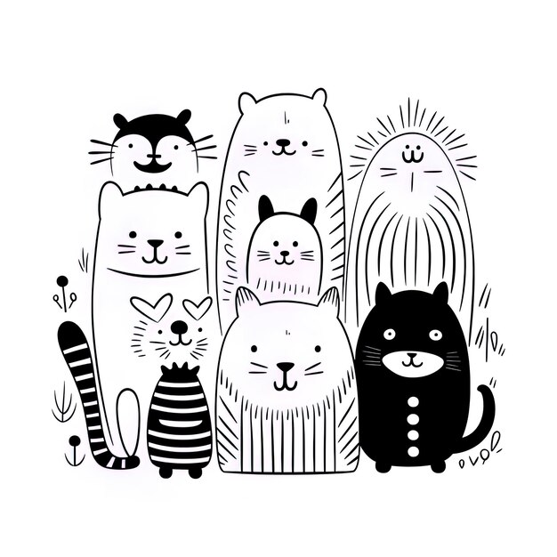 a black and white drawing of cats and sun