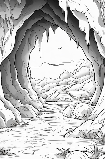 a black and white drawing of a cave with a stream generative ai