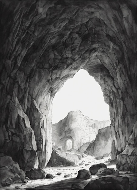 Black and white drawing of a cave