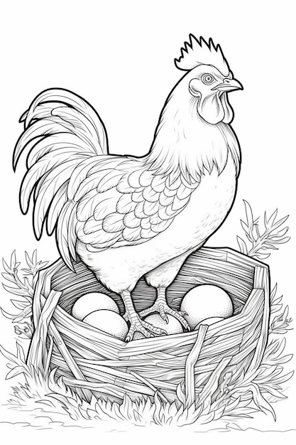 a black and white drawing of a chicken in a nest with eggs generative ai