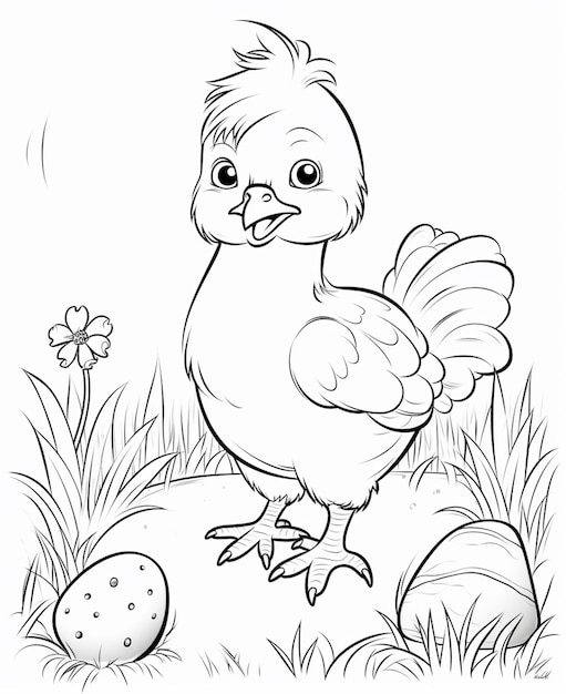 Photo a black and white drawing of a chicken standing on a rock generative ai