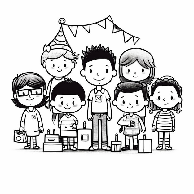 Photo a black and white drawing of children with a party hat on.