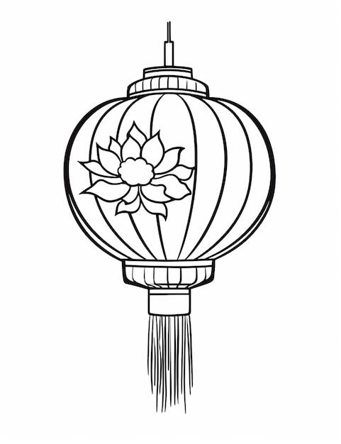 Photo a black and white drawing of a chinese lantern with a flower generative ai