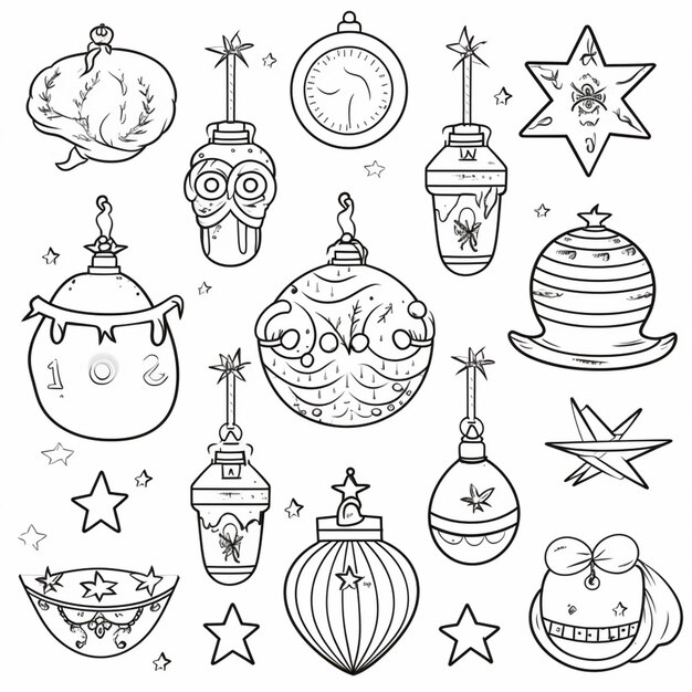 Photo a black and white drawing of christmas ornaments and decorations generative ai