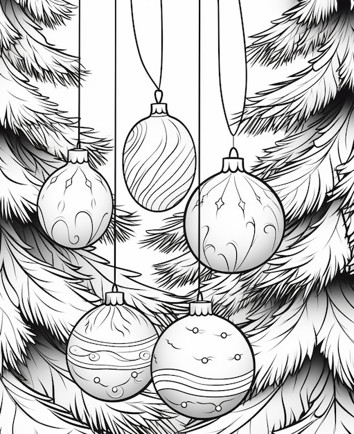 Photo a black and white drawing of christmas ornaments hanging from a tree generative ai