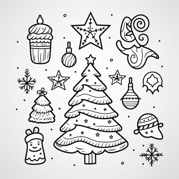 a black and white drawing of a christmas tree and a star with a star on it