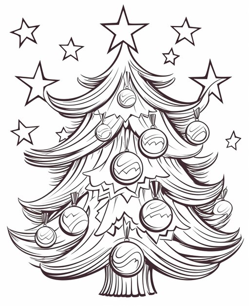 a black and white drawing of a christmas tree with ornaments generative ai