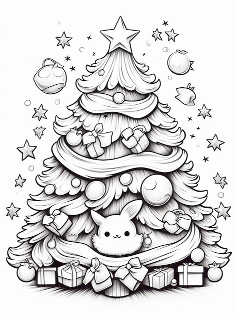 a black and white drawing of a christmas tree with presents generative ai