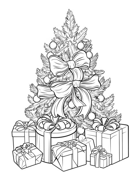 A black and white drawing of a christmas tree with a star and gifts