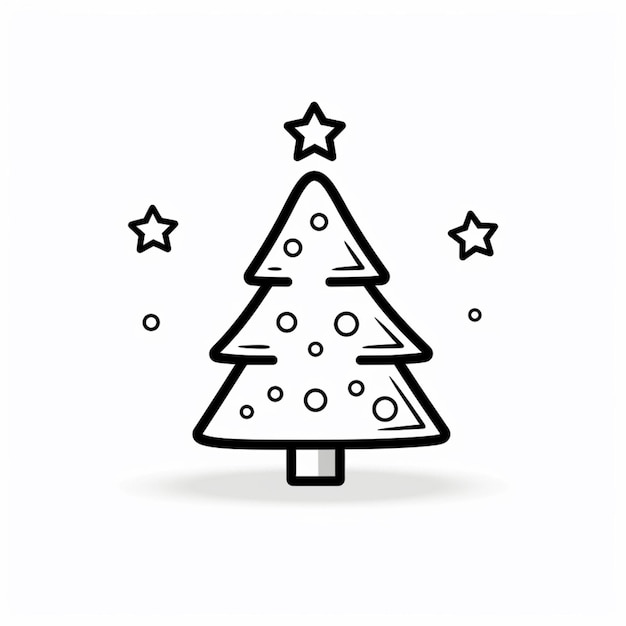 a black and white drawing of a christmas tree with stars generative ai