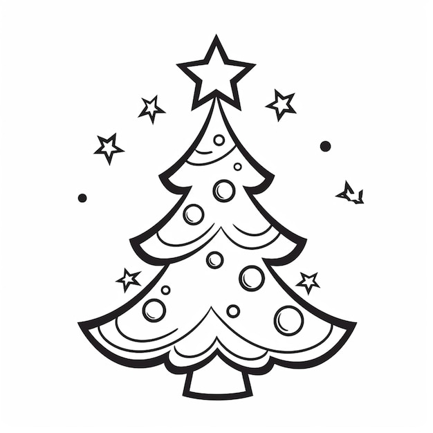 a black and white drawing of a christmas tree with stars generative ai