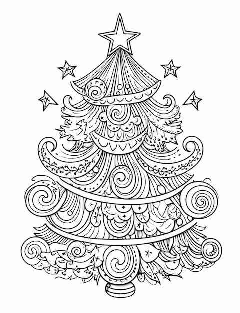 Foto un disegno in bianco e nero di un albero di natale con le stelle.