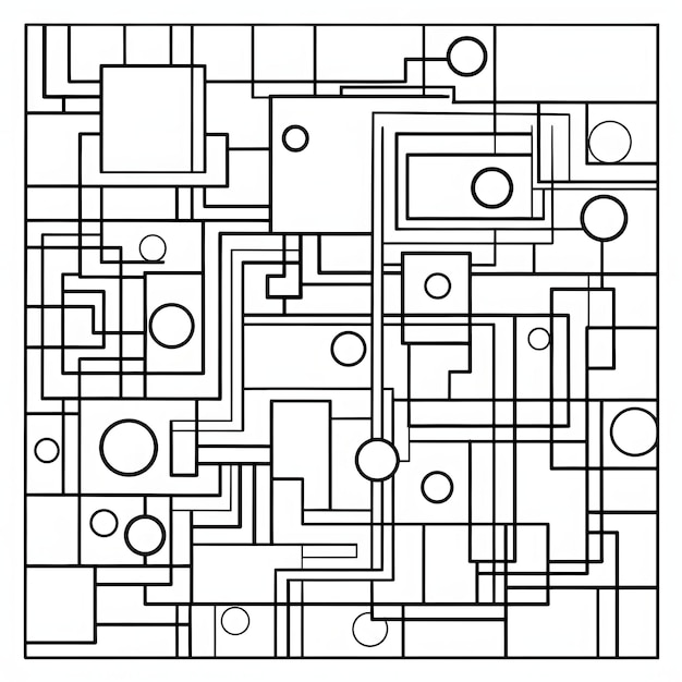 A black and white drawing of a circuit board with circles and lines.