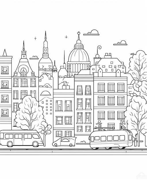 a black and white drawing of a city with a bus and a bus generative ai