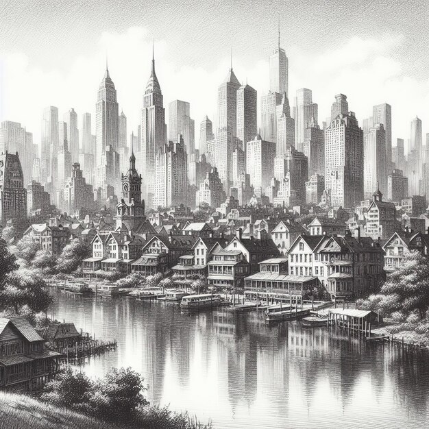 Photo a black and white drawing of a city with a city in the background