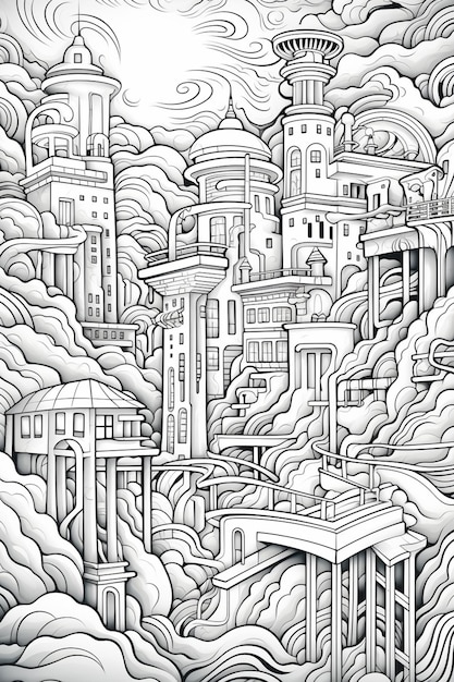 a black and white drawing of a city with a clock tower generative ai