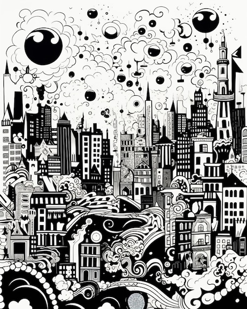 Черно-белый рисунок города с множеством зданий, генеративный ИИ