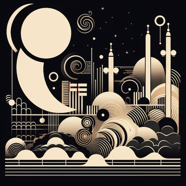 a black and white drawing of a city with a moon and clouds