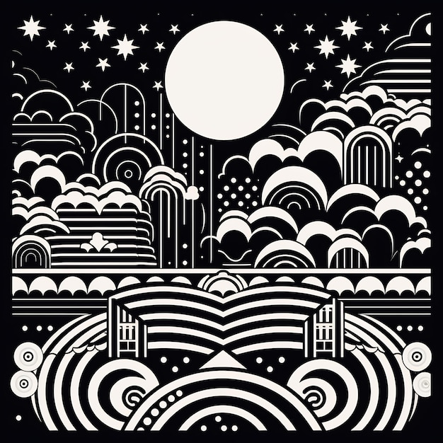 a black and white drawing of a city with a moon and clouds