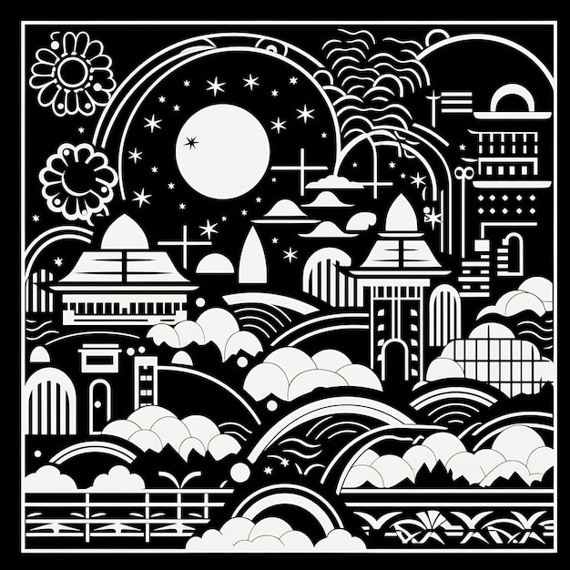 a black and white drawing of a city with a moon and clouds